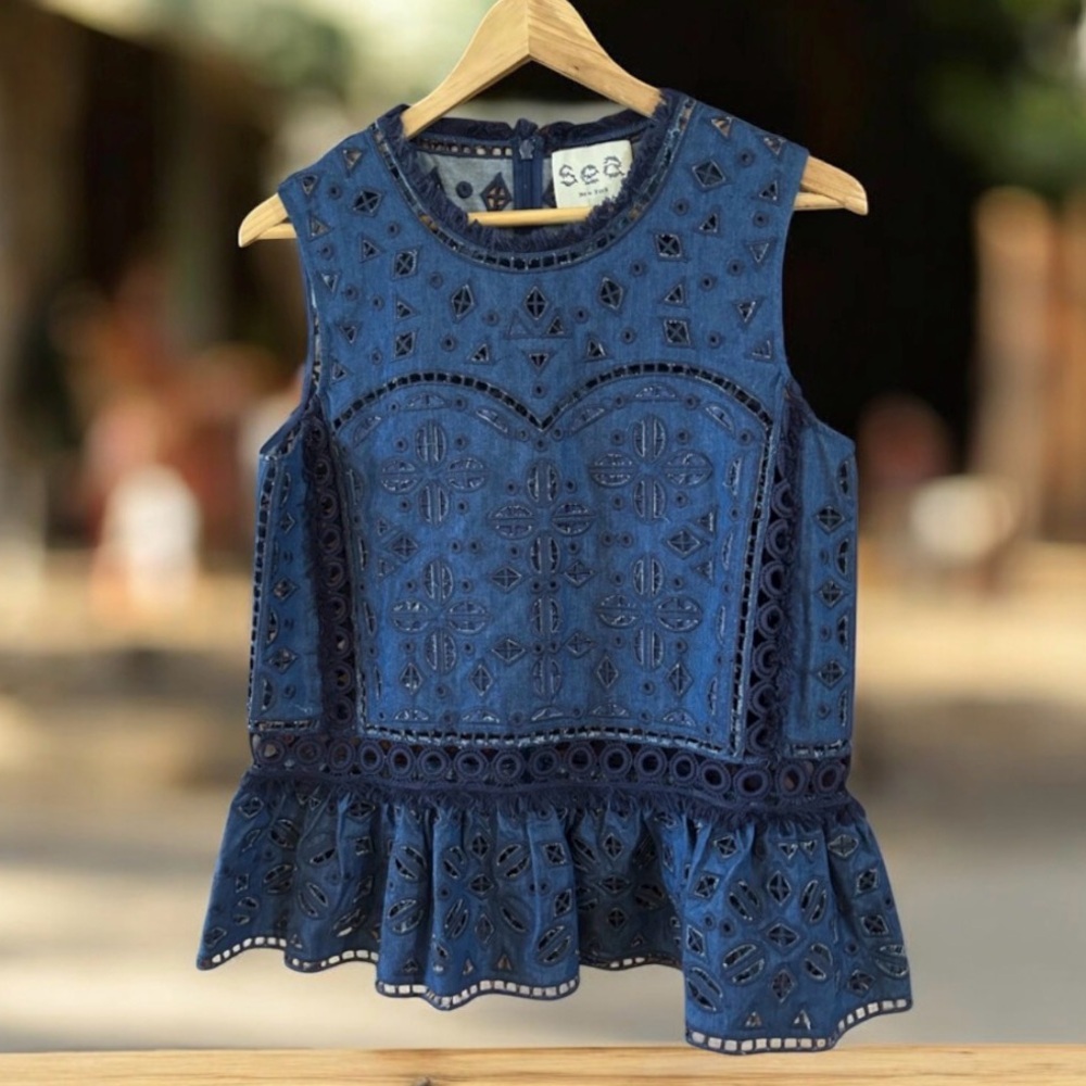 Sea New York Blue Eyelet Peplum Sleeveless Top